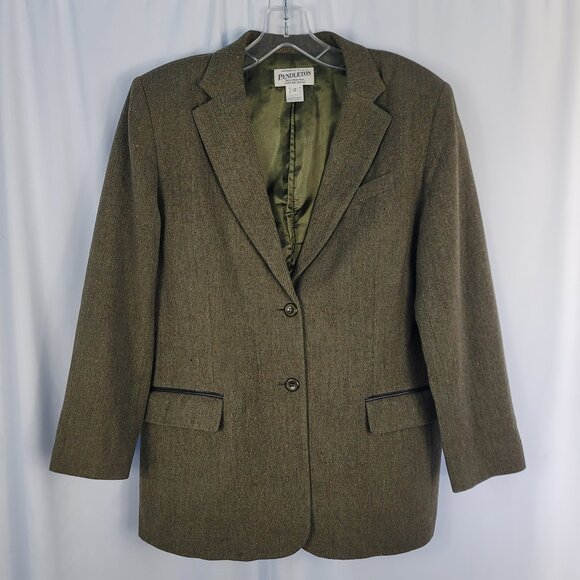 Vintage Pendleton Wool Blazer Size 12 Olive Green with Yellow Flecks Flap Pocket - Picture 1 of 15